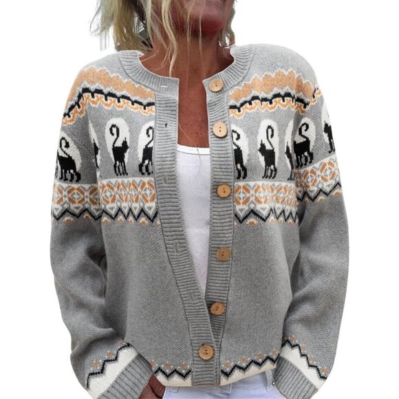 Sweaters - Women's Halloween Cat Cardigan Rayon Nylon Long Sleeve Button Down Sweater